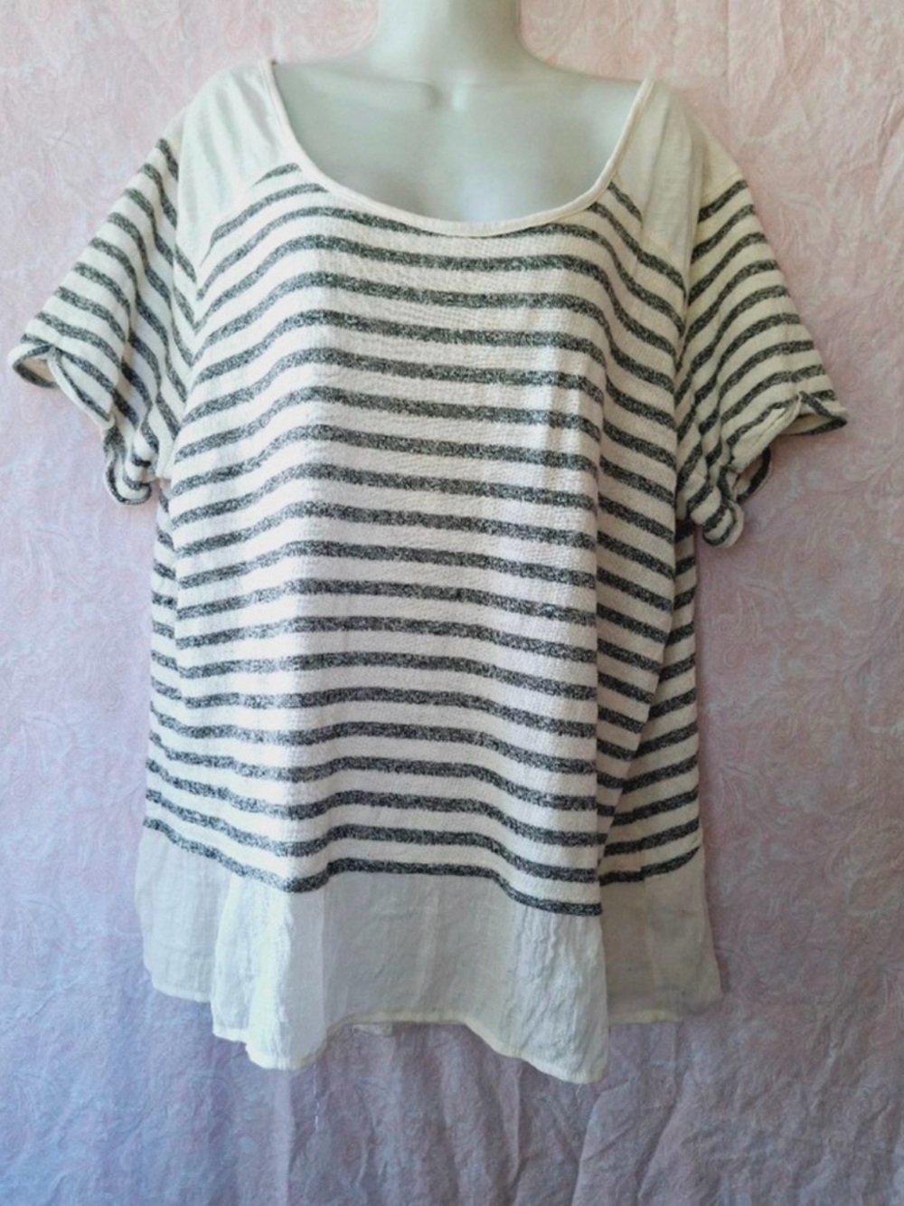 Striped Short Sleeve Scoop Sweatshirt- White / Blue